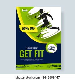 Silhouette of man for advertising design of Fitness Flyer or poster with 50% off.