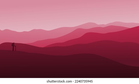 Silhouette of a man against the backdrop of high mountains. Viva magenta color background. Background for the site, social networks, desktop, wallpapers, postcards.