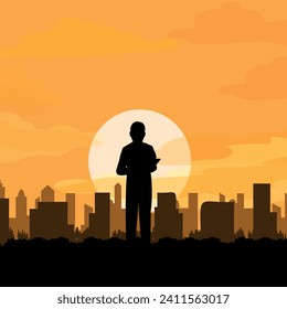 Silhouette of a man against the background of the city. Sunset. Vector graphics