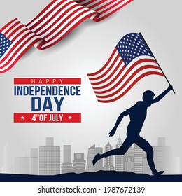 silhouette man with the American flag running towards the dream. 4th of July greeting card and lettering text Happy Independence day .vector illustration design