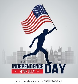silhouette man with the American flag running towards the dream. 4th of July greeting card and lettering text Happy Independence day .vector illustration design