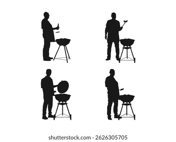 Silhouette of a man with an apron barbecuing. Silhouette Figures Grilling at a Barbecue. 