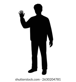 Silhouette of a man with arm raised giving a greeting or waving gesture