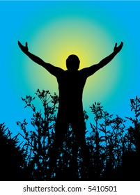 Silhouette of a man with arms lifted up to the sky