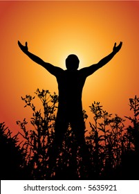 Silhouette of a man with arms lifted up to the sky