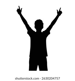 Silhouette of a man with arms raised celebrating victory and achievement against white background
