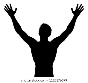 A silhouette man with arms raised in praise or triumph