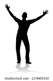 A silhouette man with arms raised in praise or triumph