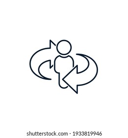 La silueta de un hombre, una flecha en un círculo. Concepto de cambio de usuario. Icono del vector aislado en fondo blanco.