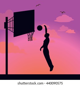 silhouette man athlete player jump action basket ball