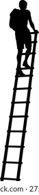 Silhouette of man with backpack climbing tall ladder vector illustration, achievement and success concept, person reaching goals line art element