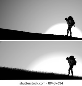 Silhouette of man with a backpack going up the hill. Rising sun in the background. Vector. Separate layers