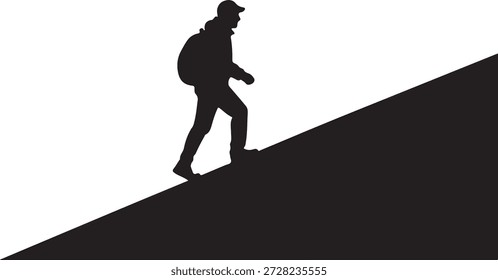 Silhouette of a man with a backpack hiking up a steep incline isolated on a white background
