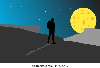 Silhouette of a man with a backpack on a background of the moon
