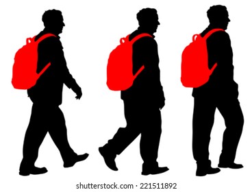 Silhouette of man with backpack on white background