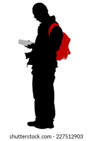 Silhouette of man with backpack on white background