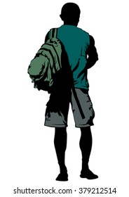Silhouette de un hombre con una mochila sobre un fondo blanco