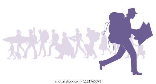 Silhouette of man with backpack running and looking at a map. Group of diverse travelers in the background