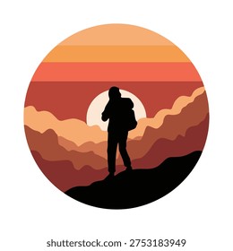 A silhouette of a man with a backpack standing on a mountain peak looking at a sunset with orange and red hues in the background