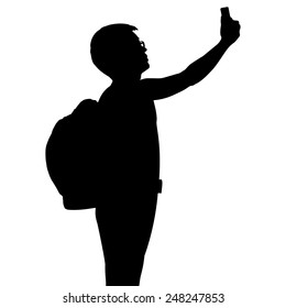 Silhouette Man With Backpack Using Mobile Phone, Vector Format