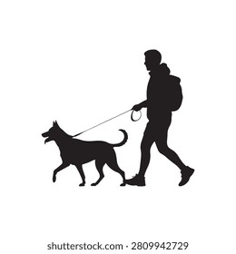 Silhouette of a man with a backpack walking a dog on a leash on a white background person