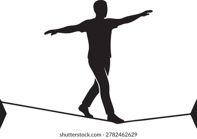 silhouette man balancing tightrope walking acrobat circus performer skill balance isolated black white vector illustration design