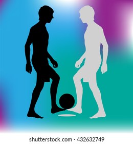 Silhouette man with the ball. Black and light gray silhouette of football players. Vector illustration.