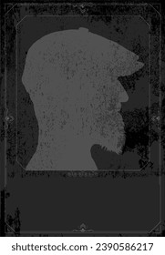 Silhouette of a man with beard and peaked cap with black background with white vintage frame and ornaments
