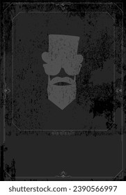 Silhouette of a man with beard and top hat with black background with white vintage frame and ornaments