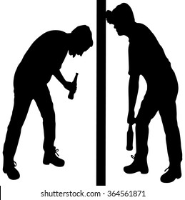 Silhouette of a man with a beer bottle and  drunk man vomit