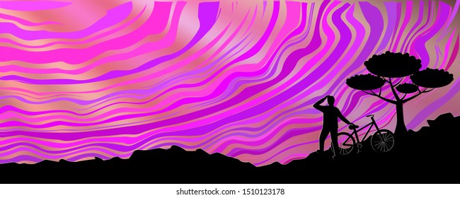 
Silhouette of a man with a bicycle looking into the distance at dawn. Abstract picture