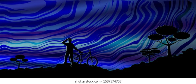 Silhouette of a man with a bicycle looking into the distance, illustration against a beautiful night sky