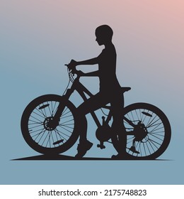Silhouette of a man with a bicycle. Stencil of a man with a bicycle. Gradient background.