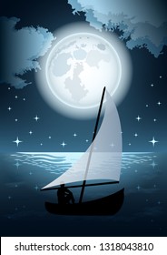 silhouette of a man in a boat with the sail in the sea on the background of a huge full moon,  clouds and starry sky. Beautiful night sea landscape. Vector Illustration
