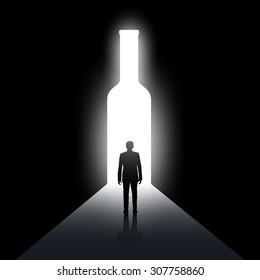 Silhouette of man and the bottle. Alcoholism and drunkenness. Stock vector image.