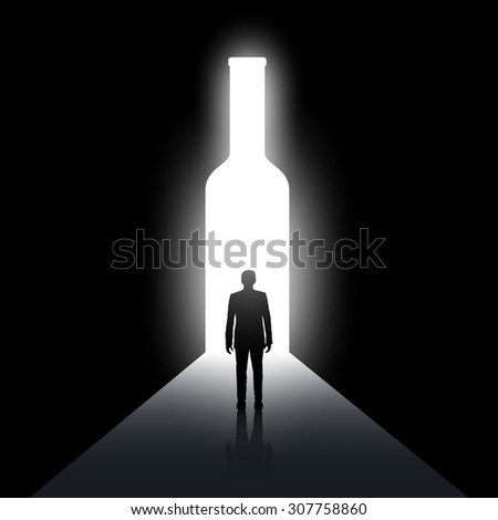 Silhouette of man and the bottle. Alcoholism and drunkenness. Stock vector image.