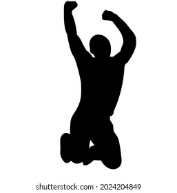 Silhouette of a man, a boy of black color in a jump with his hands up. Flat style. Vector image isolated.