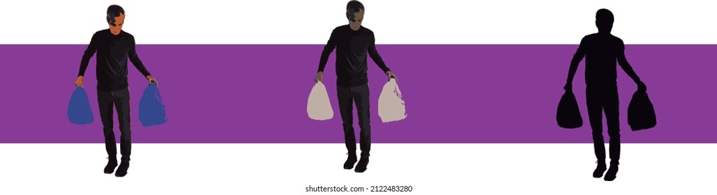 silhouette of man or boy picking up the garbage. carrying two garbage bags, one in each hand. going to the container to throw it away or recycle it. trash. home garbage bag.
