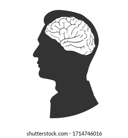 Silueta de un hombre con un cerebro aislado sobre fondo blanco. Ilustración del vector