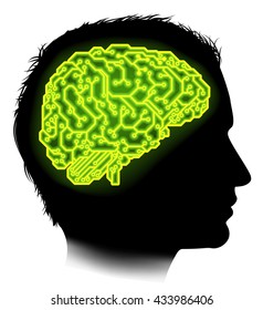 Silhouette of a man with a brain made up of electrical circuits or a circuit board