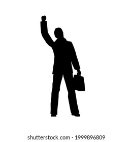 Silhouette of a man with a briefcase in his hand and raised hand upwards isolated on a white background. Vector illustration