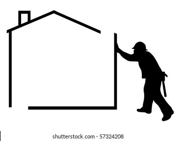 Silhouette of a man building a house