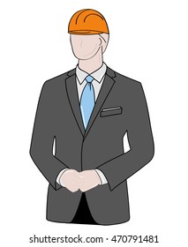 silhouette of a man in a business suit and with a construction helmet on his head. vector illustration.