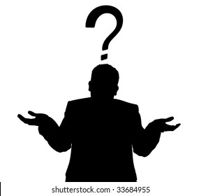 Silhouette of a man in a business suit giving a shrug with a question mark