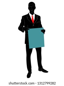 Silhouette of a man in a business suit holding a poster.