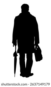 Silhouette of man businessman with closed umbrellastanding and holding notebook bag. Back view. Black vector illustration isolated on white background.