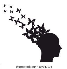 Silhouette of man with butterflies flying. vector illustration
