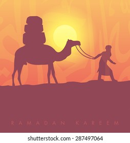 Silhouette of a Man and a camel with goods in setting sun desert 