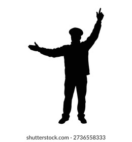 Silhouette of a man in a cap gesturing with arms outstretched