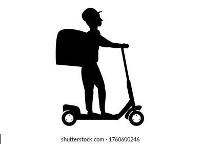 A silhouette of a man in a cap that rides an electric scooter. Delivery service worker with backpack isolated on a white background. Flat vector illustration.